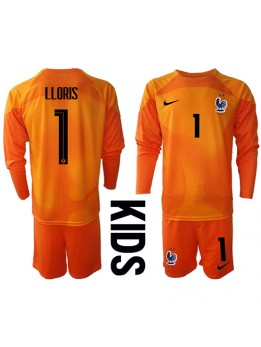Billige Frankrike Hugo Lloris #1 Keeper Hjemmedraktsett Barn VM 2022 Langermet (+ Korte bukser)